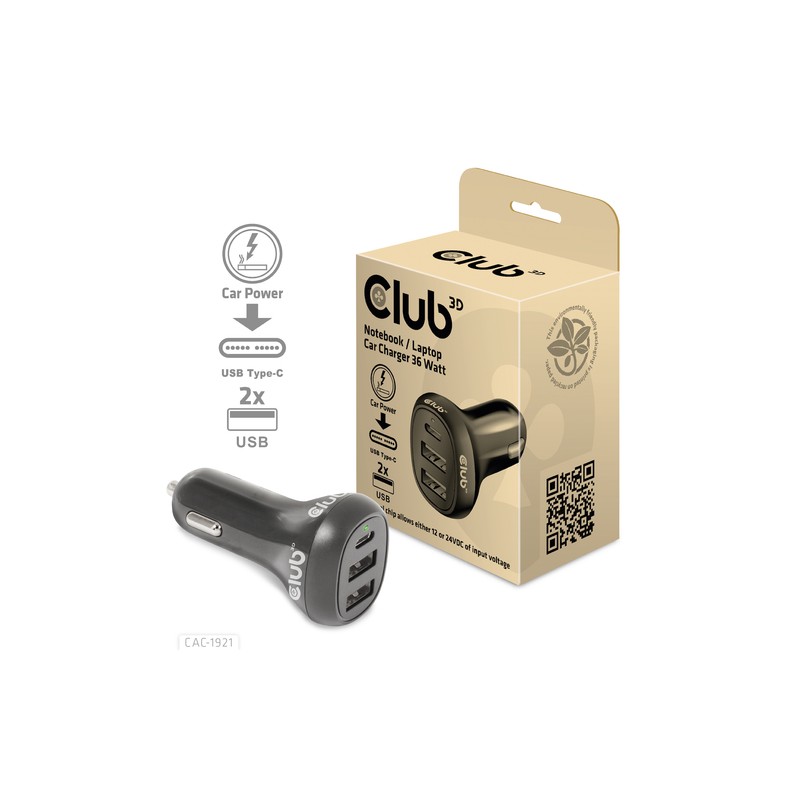 CLUB3D CARICATORE DA AUTO NOTEBOOK / LAPTOP 36 Watt/ 2USB A + 1USB C