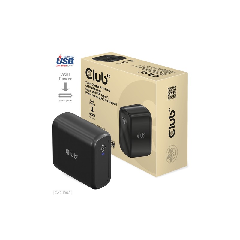 CLUB3D CARICATORE 100 Watt GAN TECHN. USB-IF TID Single port USB Type-C, PD 3.0 Support